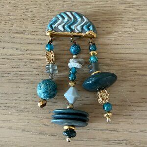 Vintage 80’s 90’s Pin Brooch Gold Blue Beads Costume Jewelry Glass Stones Dangle